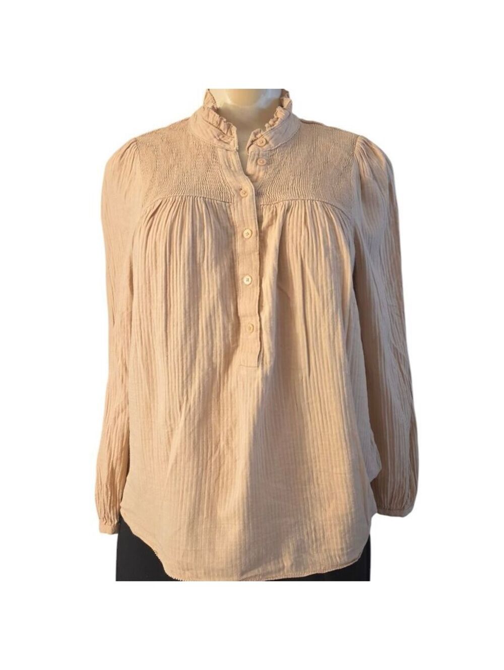 J.Crew Smocked Ruffle Collar Cotton Blouse Tan Long Sleeve Cottage Core XS